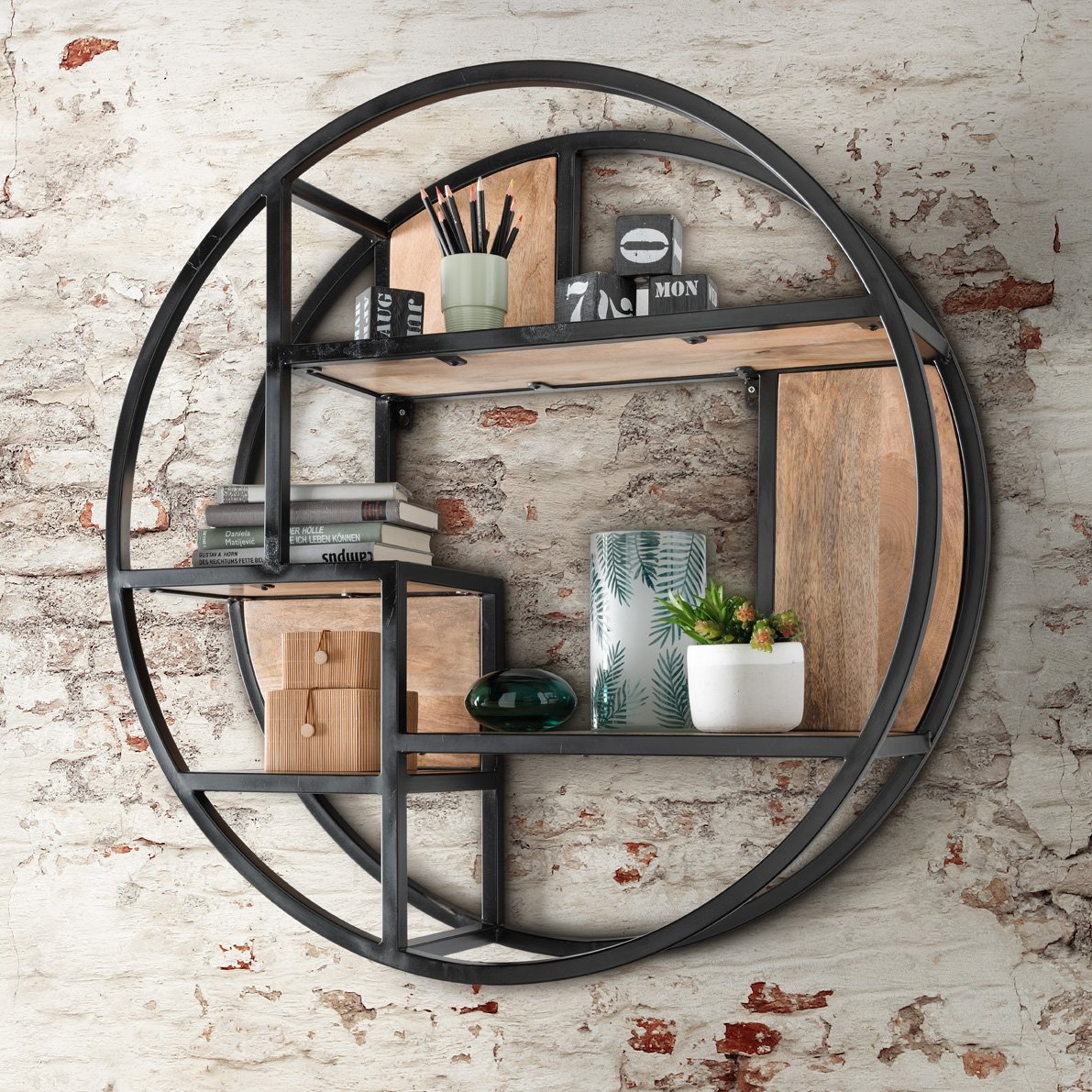 Die Faktorei Circle Wandregal Mangoholz Natur/Metall Schwarz