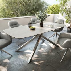 Outdoortisch Edge Boot 200x100 cm Keramik Laminam® Travertino Bianco Creme-Weiß Kreuzgestell Rechteck Edelstahl