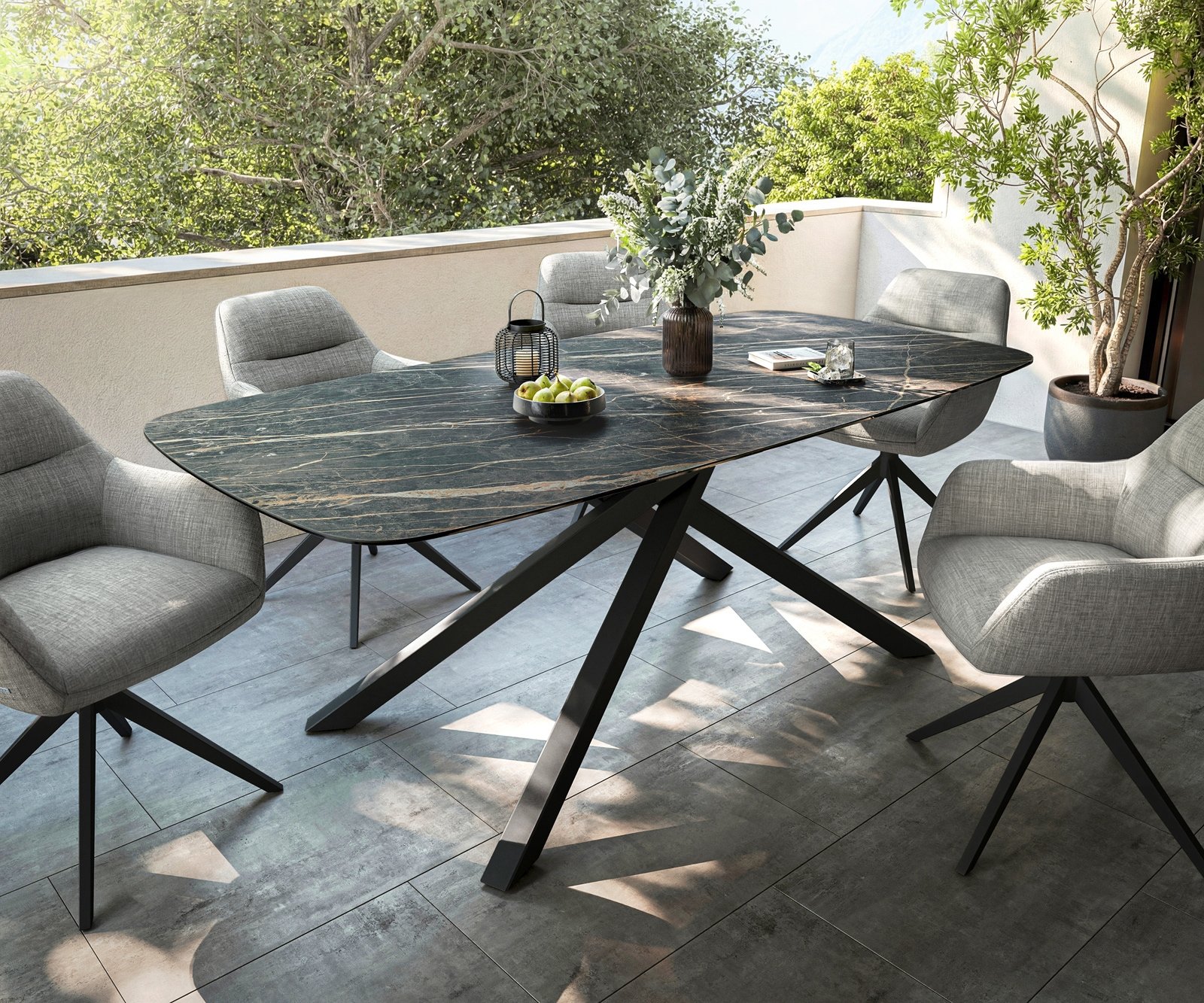 Outdoortisch Edge Boot 200x100 cm Keramik Laminam® Noir Desir Braun Kreuzgestell Rechteck Schwarz