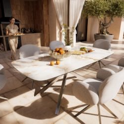 Outdoortisch Edge Boot 200x100 cm Keramik Minas Melange Weiß-Beige Kreuzgestell Rechteck Edelstahl