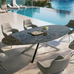 Outdoortisch Edge Oval 280x130 cm Keramik Emperador Extra Lucidato Dunkelbraun Kreuzgestell Rechteck Edelstahl