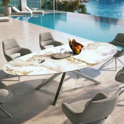 Outdoortisch Edge Oval 280x130 cm Keramik Minas Melange Weiß-Beige Kreuzgestell Rechteck Edelstahl