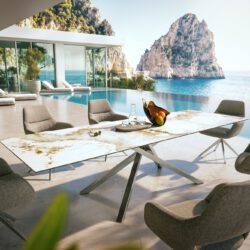 Outdoortisch Edge 300x100 cm Keramik Minas Melange Weiß-Beige Kreuzgestell Rechteck Edelstahl