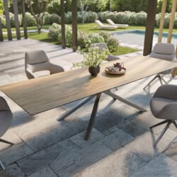 Outdoortisch Edge 300x100 cm Keramik Laminam® Sabbia Eichefarbig Kreuzgestell Rechteck Edelstahl