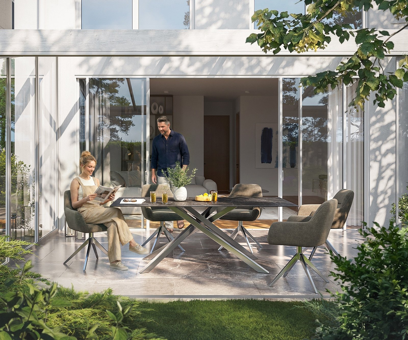 Outdoortisch Edge 200x100 cm Keramik Laminam® Nero Greco Anthrazit Kreuzgestell Rechteck Edelstahl