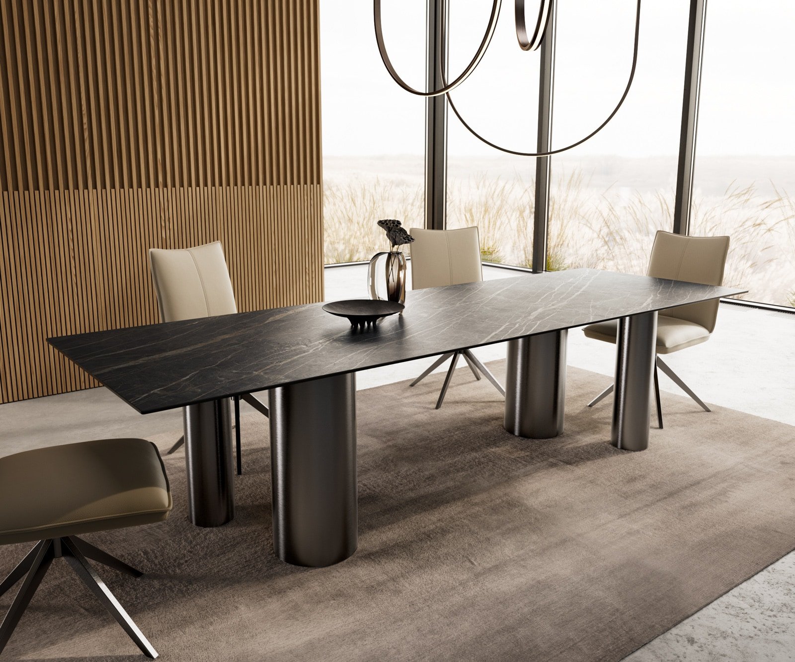 Esstisch Edge 300x100 Keramik Laminam®Noir Desir Braun Pilier Edelstahl Graphit