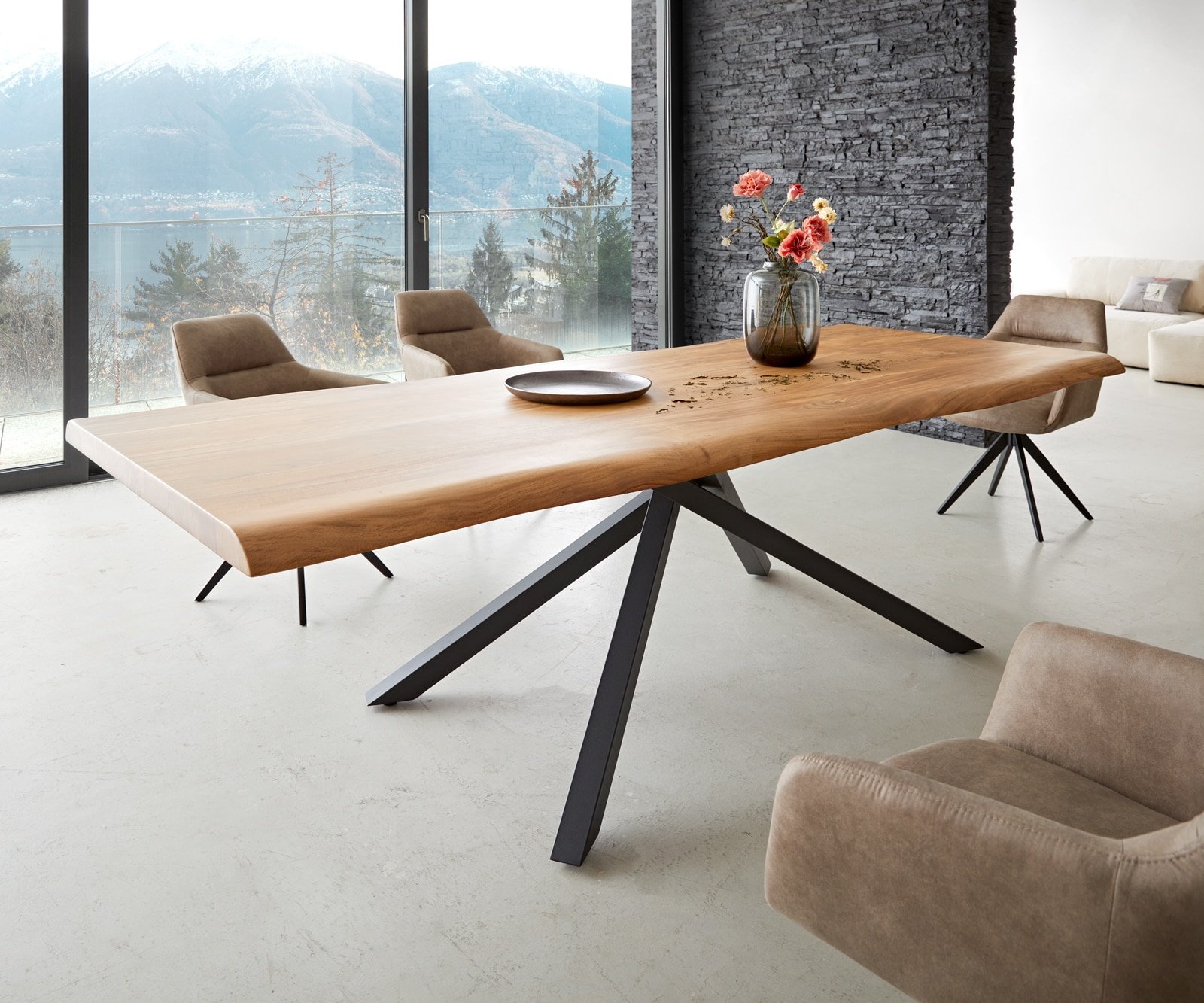 Esstisch Edge 260x100 XL Akazie Natur Kreuzgestell Rechteck Schwarz Live-Edge