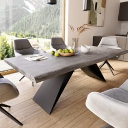 Esstisch Edge 220x100 XL Akazie Platin V-Gestell Flachstahl Schwarz Live-Edge