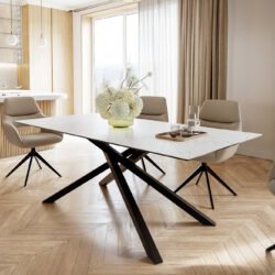 Esstisch Edge 200x100cm Keramik Laminam®Statuarietto Weiß Mittelfuß Kreuz Schwarz