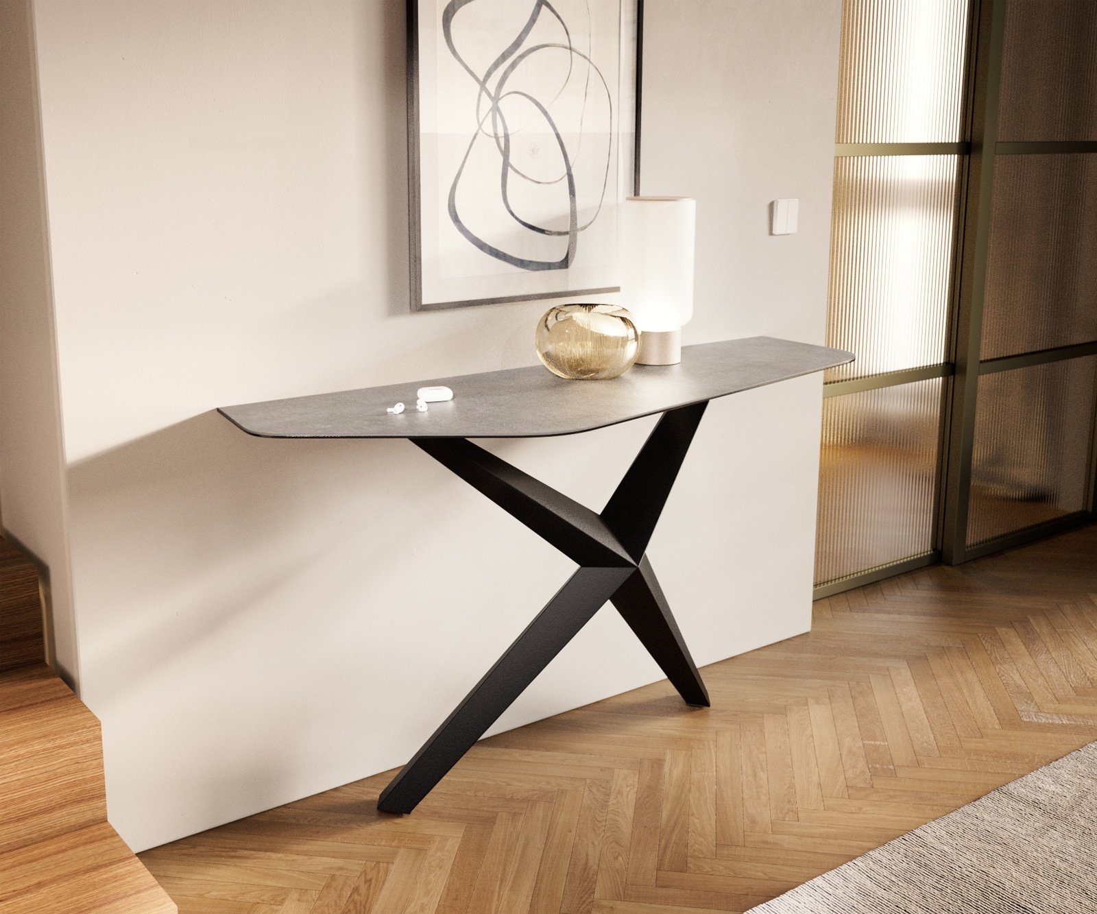 Konsolentisch Edge Polygonal 140x50 cm Keramik Beton Grau Zentharo Metall Schwarz