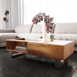 Couchtisch New Live-Edge 115x60 cm Akazie Natur 2 Schubladen 1 Fach Kufe Edelstahl gebürstet