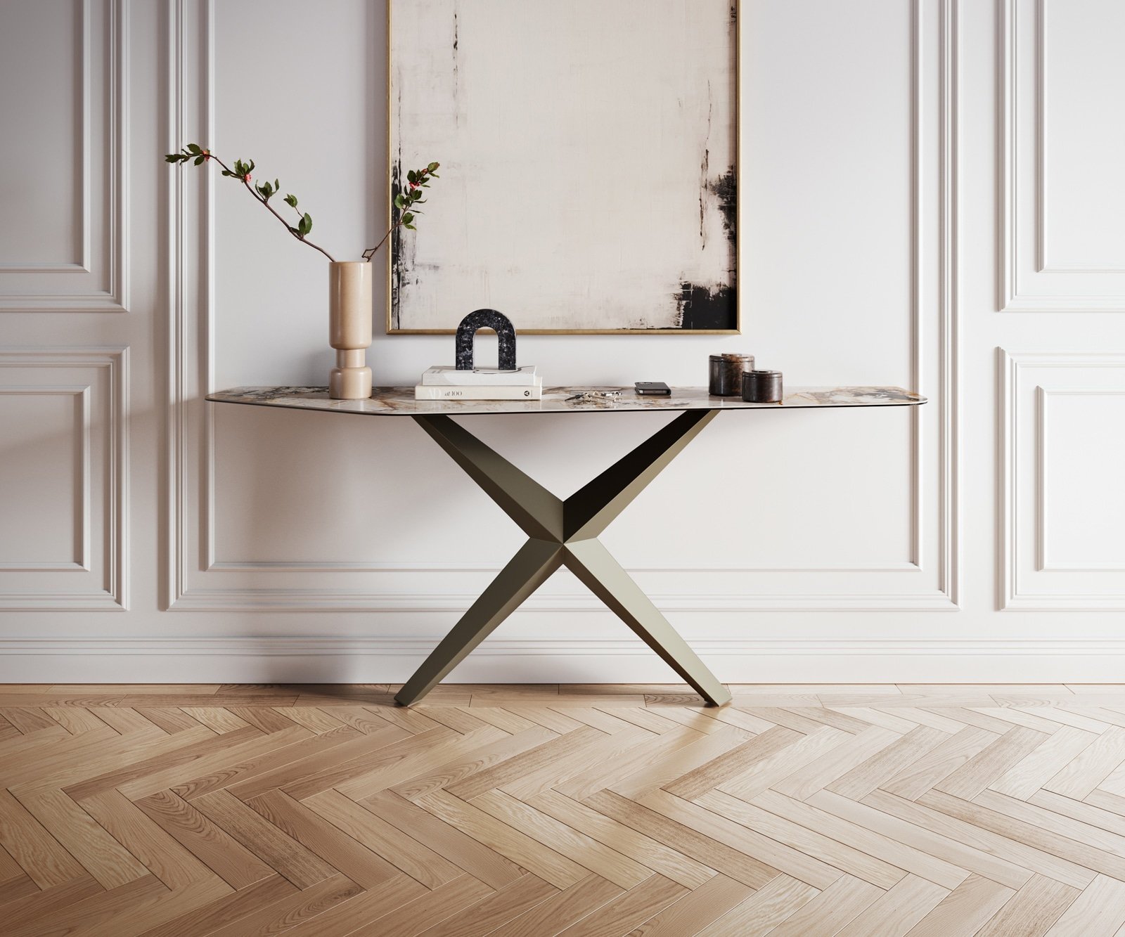Konsolentisch Edge Polygonal 180x50 cm Keramik Patagonia Poliert Zentharo Metall Effektfinish Titan