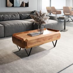 Couchtisch Kiano 100x50 cm Akazie Natur 2 Schübe V-Fuß Schwarz
