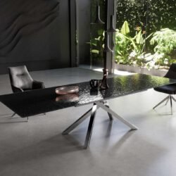 Esstisch Edge 200-300x100 Reliefglas Rauchschwarz 3D-Design Kreuzgestell Rechteck Edelstahl ausziehbar