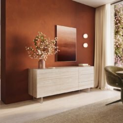 Sideboard Cuor 180 cm Keramik Laminam® Travertino Bianco Creme-Weiß 2 Türen 3 Schubfächer Fuß Schwebeoptik Acrylglas