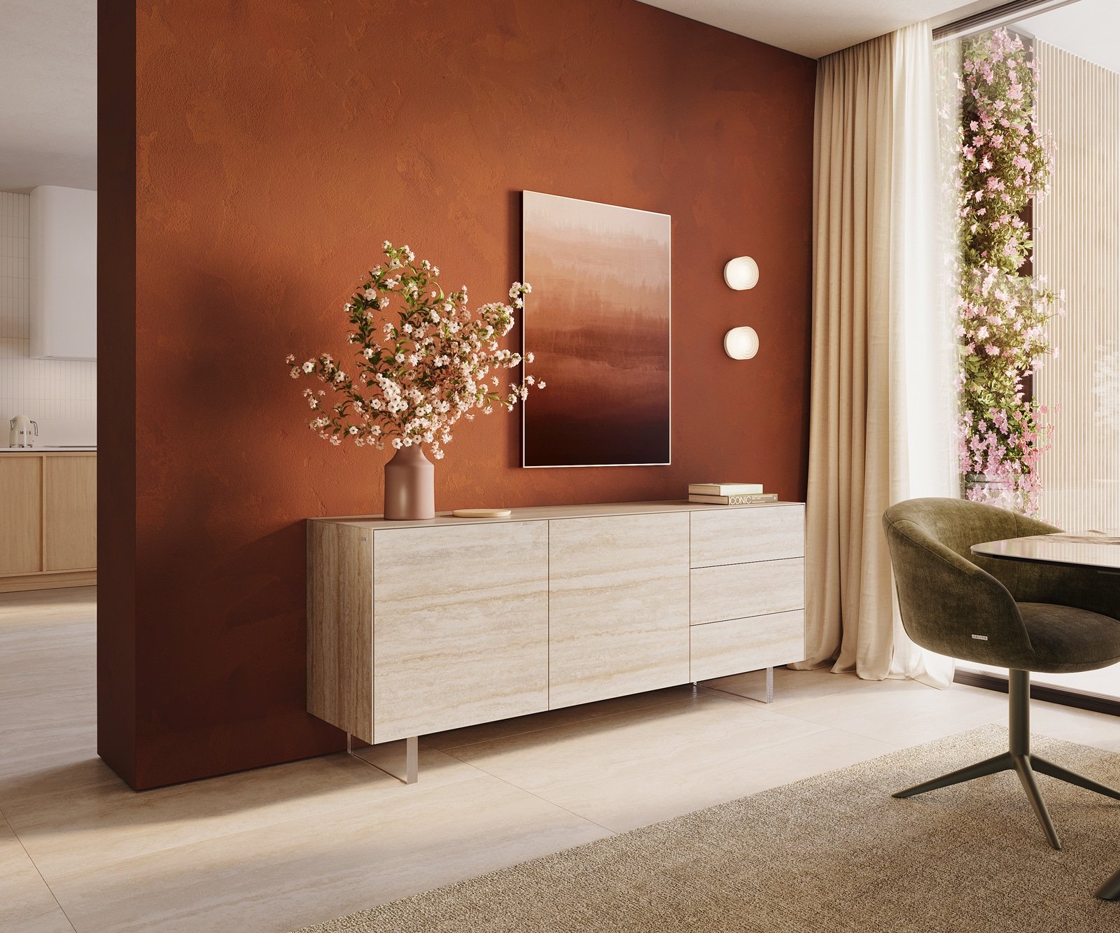 Sideboard Cuor 180 cm Keramik Laminam® Travertino Bianco Creme-Weiß 2 Türen 3 Schubfächer Fuß Schwebeoptik Acrylglas