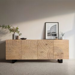 Sideboard Ashara 200 cm Eiche Natur 3D Effekt 4 Türen Kufe Metall Schwarz