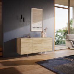Sideboard Cuor 150 cm Keramik Laminam® Sabbia Eichefarbig 3 Türen Fuß Schwebeoptik Acrylglas