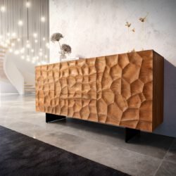 Sideboard Solu 175 cm Akazie Natur 2 Türen 3 Schübe Fuß schwebend Metall Schwarz 3D-Front