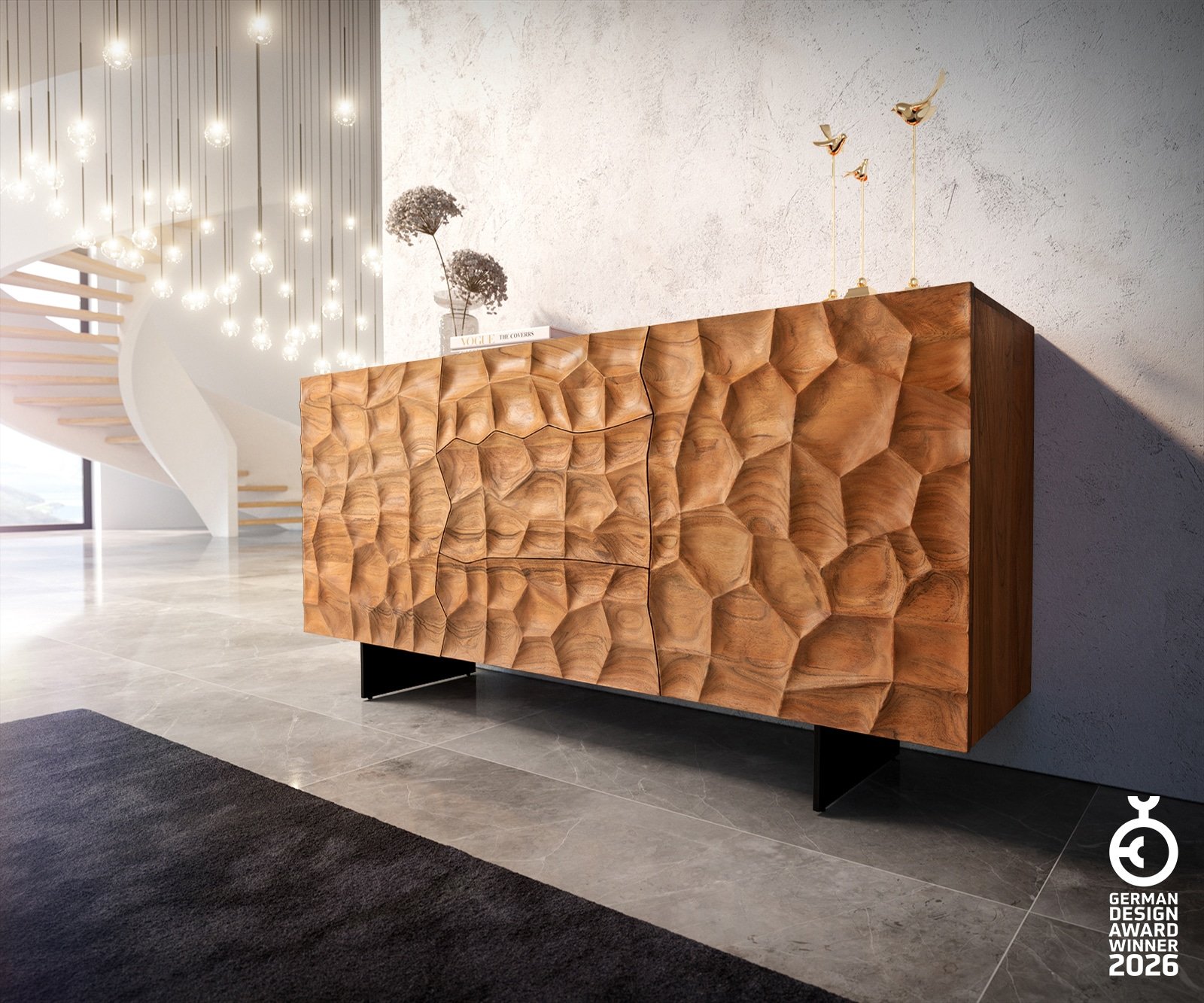Sideboard Solu 175 cm Akazie Natur 2 Türen 3 Schübe Fuß schwebend Metall Schwarz 3D-Front