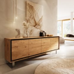 Sideboard Stonegrace 200 cm Eiche Natur 4 Türen Fuß Vierkant Edelstahl gebürstet