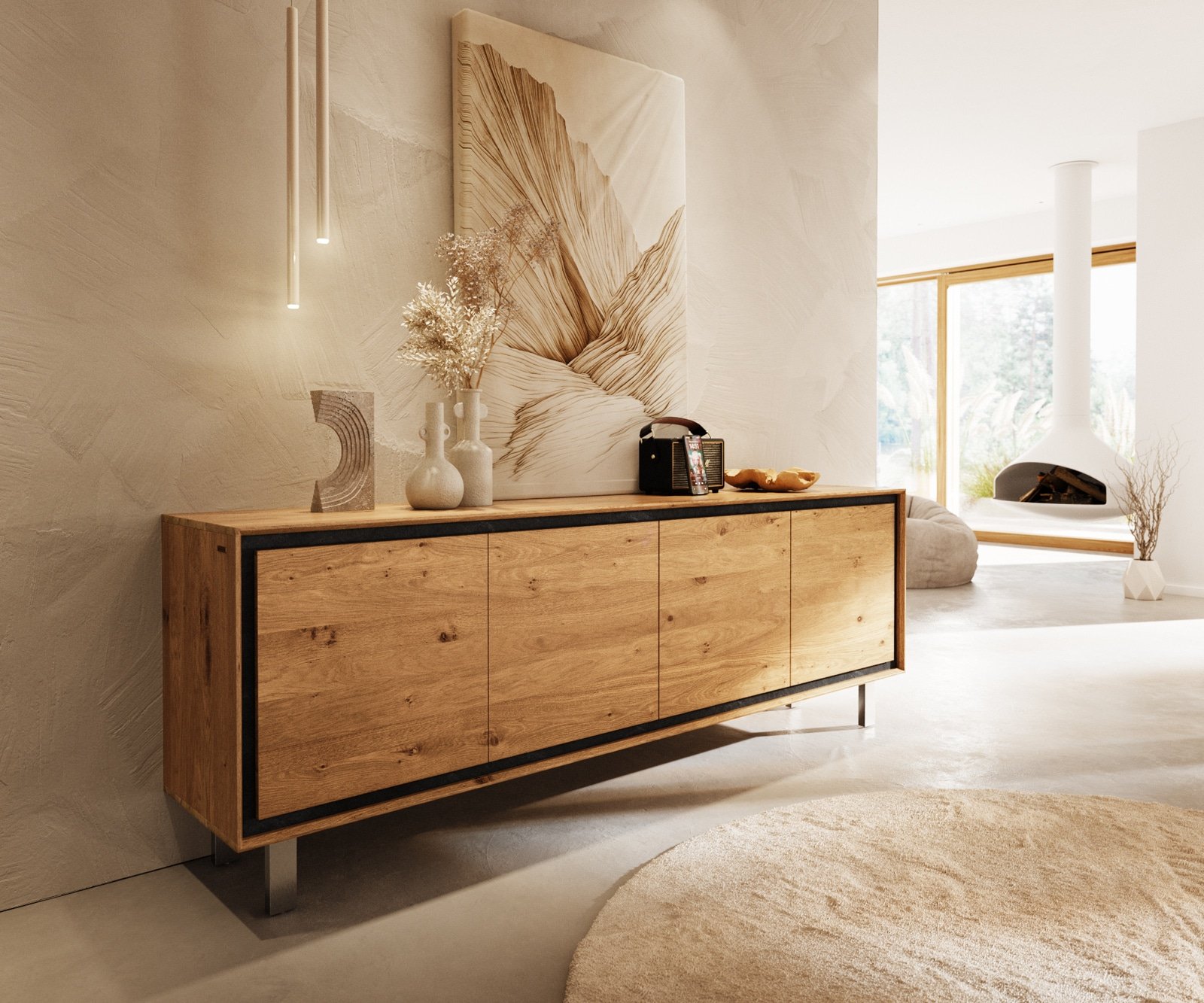 Sideboard Stonegrace 200 cm Eiche Natur 4 Türen Fuß Vierkant Edelstahl gebürstet