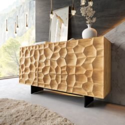 Sideboard Solu 145 cm Eiche Natur 2 Türen 3 Schübe Fuß schwebend Metall Schwarz 3D-Front