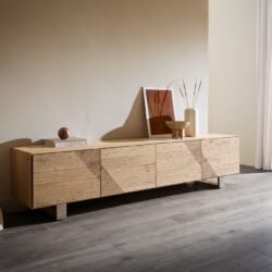 Lowboard Tereos 220 cm Eiche Natur 3D Effekt 4 Türen Kufe Edelstahl gebürstet