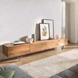 Lowboard Wyatt 220 cm Akazie Natur 4 Schübe V-Fuß Edelstahl