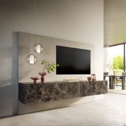 Lowboard Cuor 220 cm Keramik Emperador Extra Lucidato Dunkelbraun 1 Klappe 2 Schubfächer Schwebend