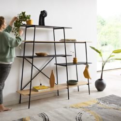 Bücherregal Mikkusu 185x160 cm Bambus Natur Mango Schwarz 5 Ablagen Metall Schwarz