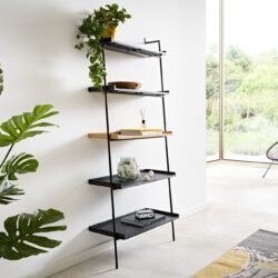 Bücherregal Mikkusu 80x185 cm Bambus Natur Mango Schwarz 5 Ablagen Metall Schwarz