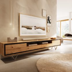 Lowboard Stonegrace 240 cm Eiche Natur 2 Türen 1 Fach 2 Schubladen Steinfurnier V-Fuß Edelstahl