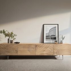 Lowboard Ashara 220 cm Eiche Natur 3D Effekt 4 Türen Winkelfuß Edelstahl gebürstet