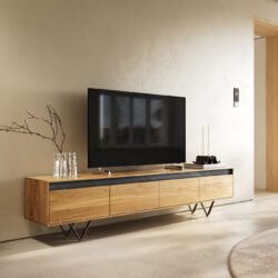 Designer-Lowboard Stonegrace 200 cm Eiche Natur Schiefer 4 Schübe V-Fuß Metall Schwarz