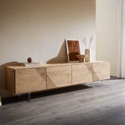 Lowboard Tereos 220 cm Eiche Natur 3D Effekt 4 Türen Fuß Schwebeoptik Acrylglas