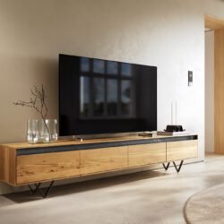 Lowboard Stonegrace 240 cm Eiche Natur 4 Türen V-Fuß Metall Schwarz