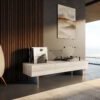 Lowboard Cuor 150 cm Keramik Laminam® Travertino Bianco Creme-Weiß 1 Klappe 1 Schubfach Fuß Schwebeoptik Edelstahl