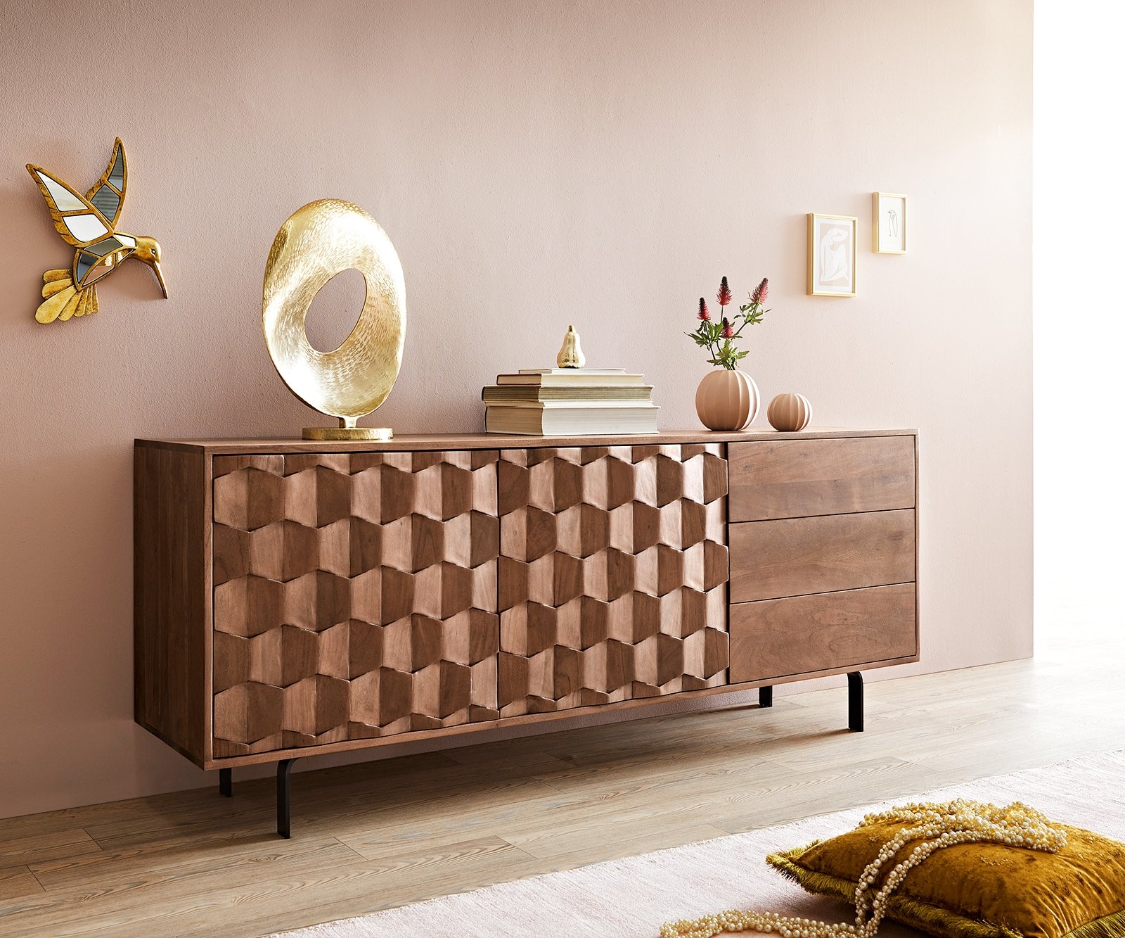 Sideboard Fevo 175 cm Akazie Braun 2 Türen 3 Schubfächer L-Fuß