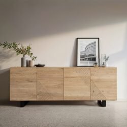 Sideboard Tereos 200 cm Eiche Natur 3D Effekt 4 Türen Kufe Metall Schwarz
