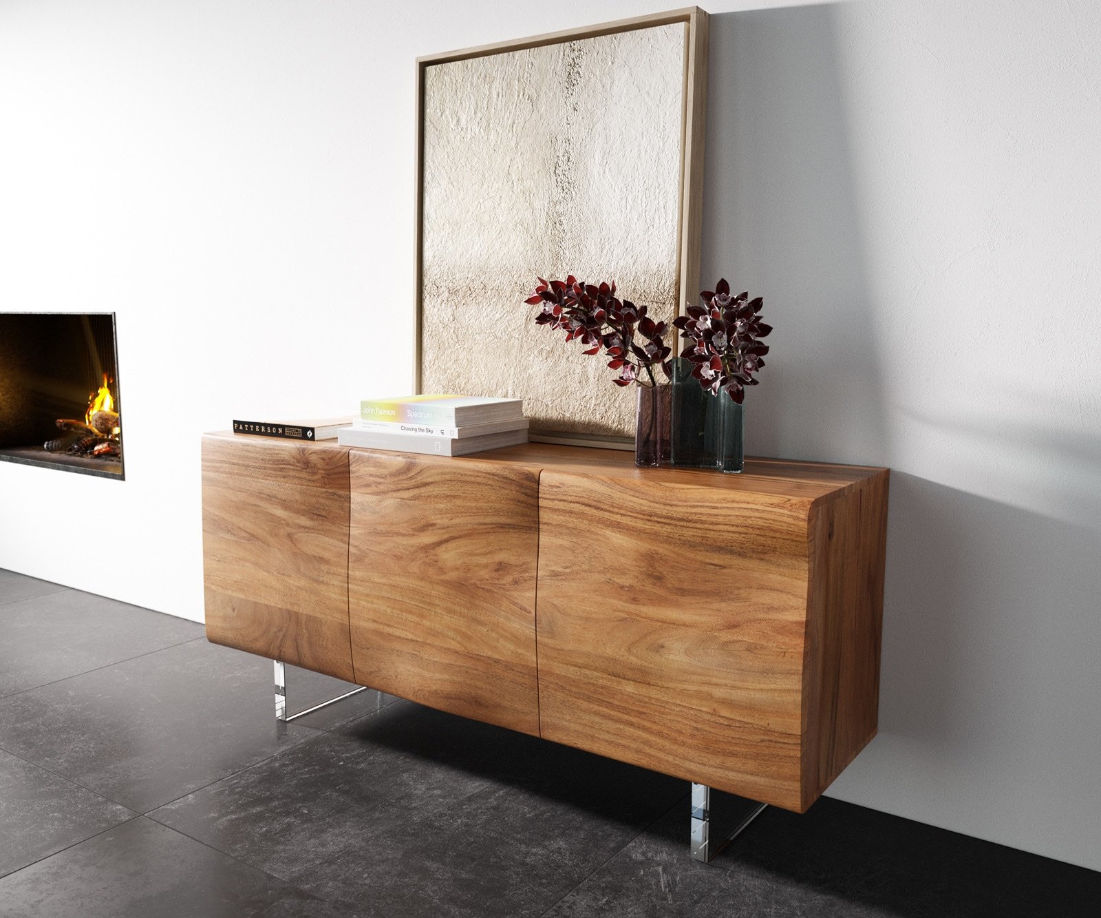 Sideboard New Live-Edge 145 cm Akazie Natur 3 Türen Acrylfuß