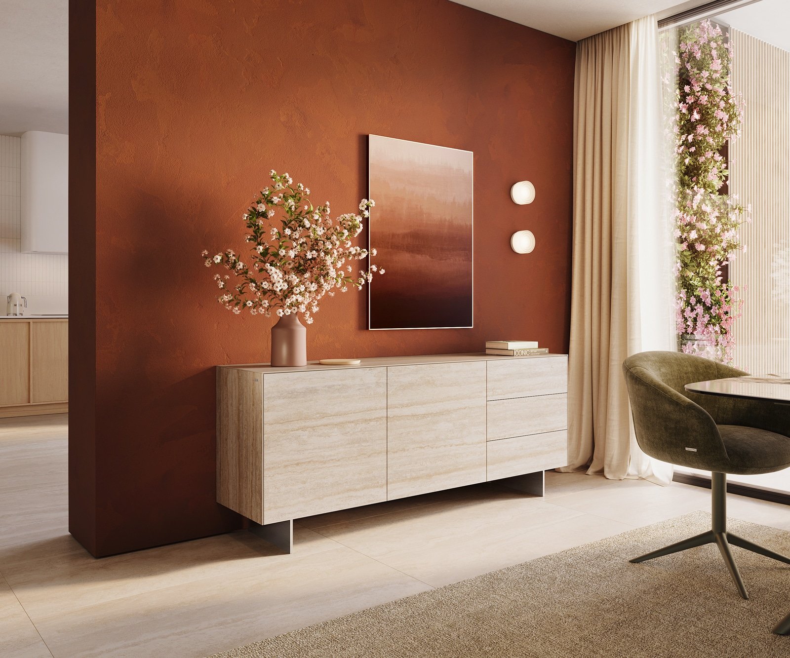 Sideboard Cuor 180 cm Keramik Laminam® Travertino Bianco Creme-Weiß 2 Türen 3 Schubfächer Fuß Schwebeoptik Edelstahl