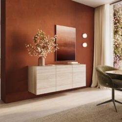 Sideboard Cuor 150 cm Keramik Laminam® Travertino Bianco Creme-Weiß 3 Türen Schwebend