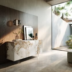 Sideboard Cuor 150 cm Keramik Minas Melange Weiß-Beige 3 Türen Fuß Schwebeoptik Acrylglas