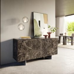 Sideboard Cuor 150 cm Keramik Emperador Extra Lucidato Dunkelbraun 3 Türen Fuß Schwebeoptik Edelstahl