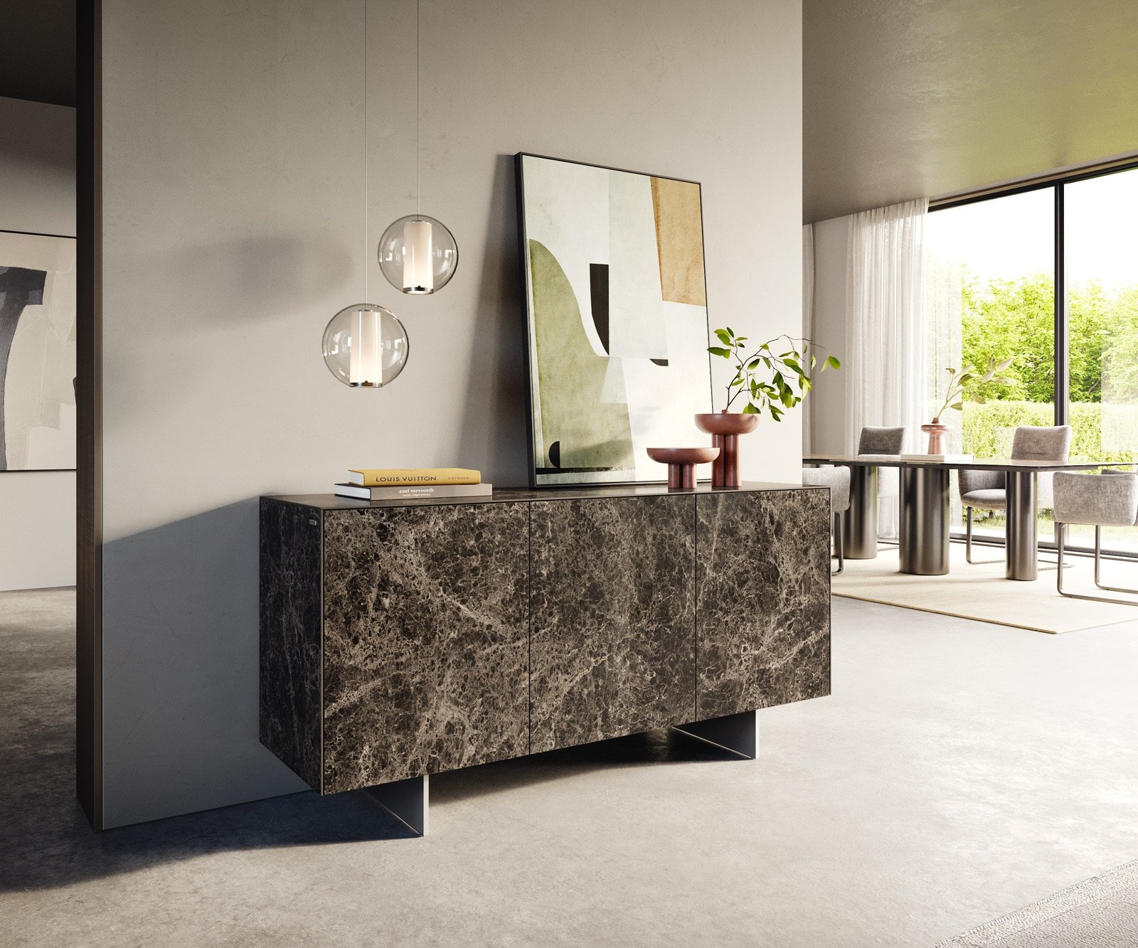 Sideboard Cuor 150 cm Keramik Emperador Extra Lucidato Dunkelbraun 3 Türen Fuß Schwebeoptik Edelstahl