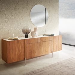 Sideboard Secara 200 cm Akazie Natur 4 Türen 2 Schübe Marmor Füße Edelstahl