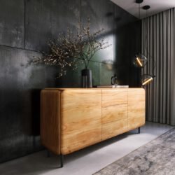 Sideboard Shavani 175 cm Akazie Natur 2 Türen 3 Schubladen Rundfuß Metall Schwarz