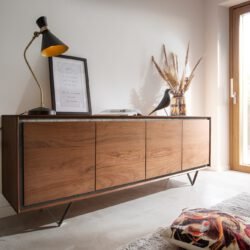 Sideboard Stonegrace 200 cm Akazie Braun Steinfurnier 4 Türen V-Fuß Schwarz