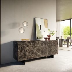 Sideboard Cuor 180 cm Keramik Emperador Extra Lucidato Dunkelbraun 2 Türen 3 Schubfächer Fuß Schwebeoptik Metall Schwarz